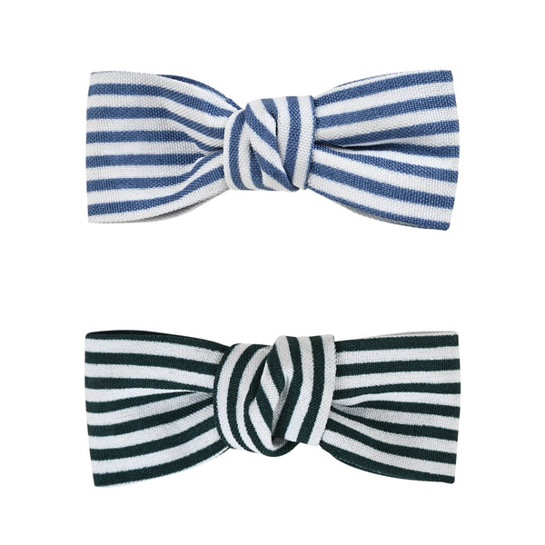 Striped Bow Hair Clips [Set of 4] Blue & Green