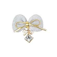 Load image into Gallery viewer, Diamond Stone Charms Fabric Bow Hair Clips - Set of 2 Silver
