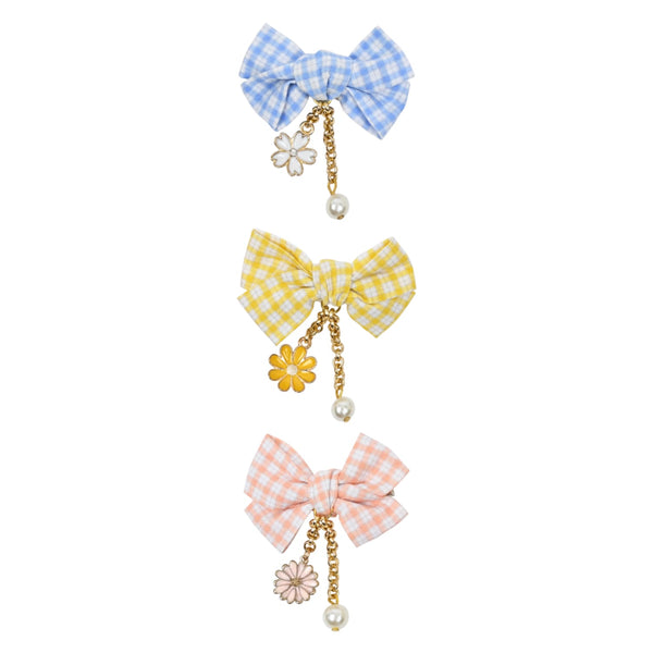 Floral Charms Chequered Bow Hair Clips - Set of 3 - Pink Blue Yellow