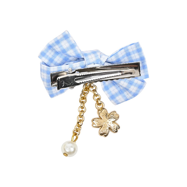 Floral Charms Chequered Bow Hair Clips - Set of 3 - Pink Blue Yellow