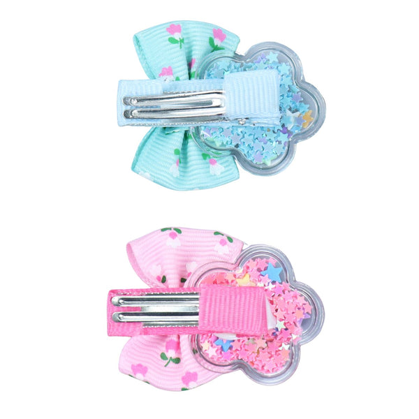 Floral Sequin Bow Hair Clips - Set of 4 - Pink Blue