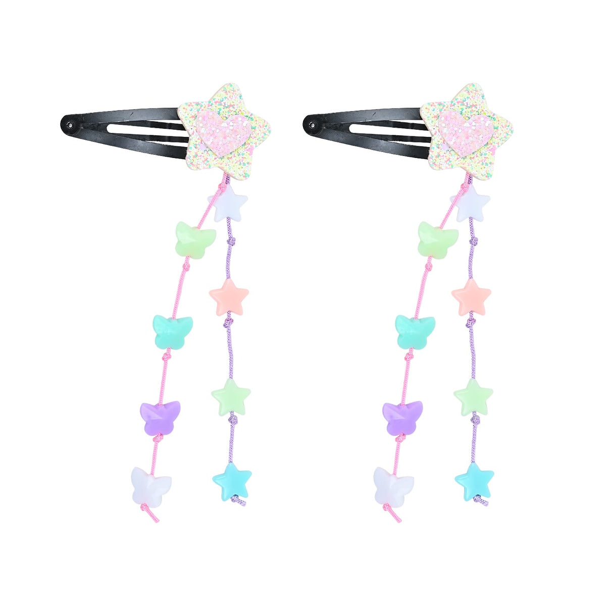 Glitter Star Beaded Tassels Tic Tac Hair Clips - Set of 2 - Pink Purple Green