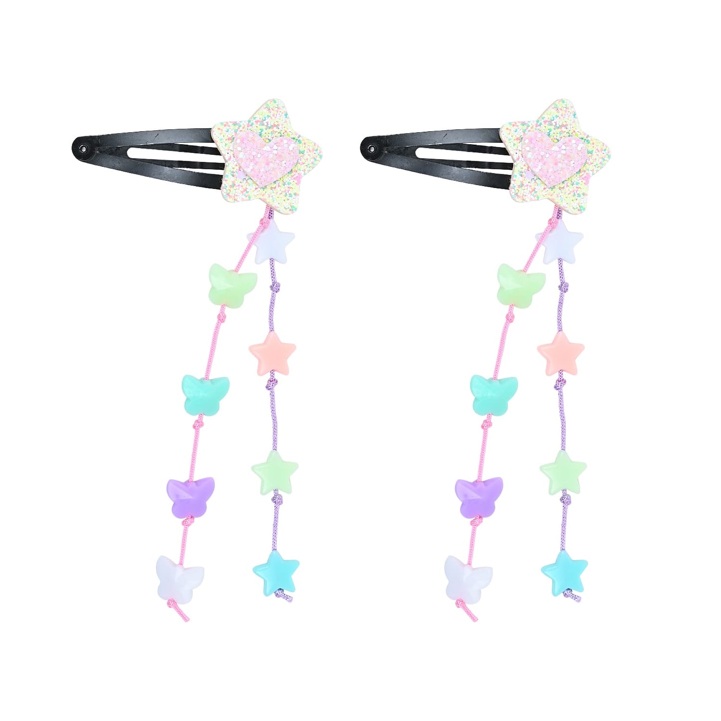 Glitter Star Beaded Tassels Tic Tac Hair Clips - Set of 2 - Pink Purple Green