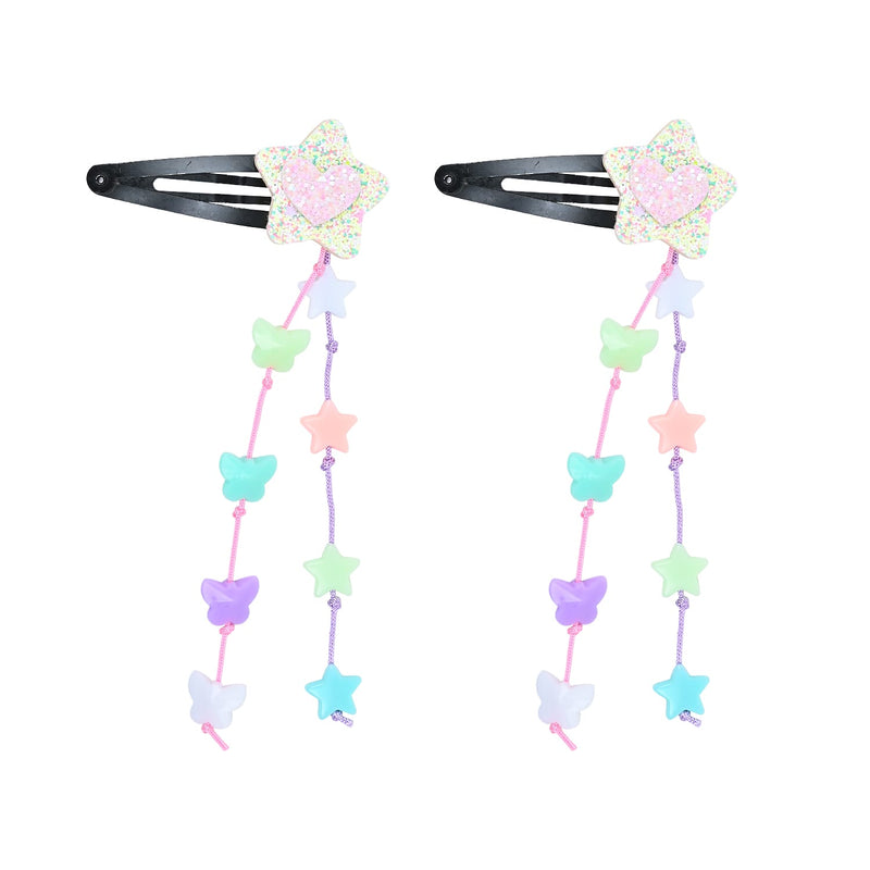 Glitter Star Beaded Tassels Tic Tac Hair Clips - Set of 2 - Pink Purple Green