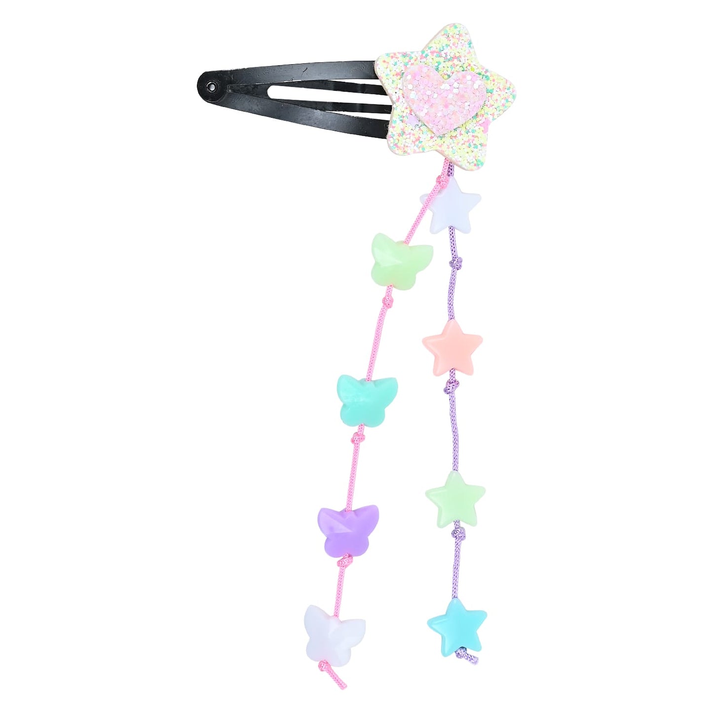 Glitter Star Beaded Tassels Tic Tac Hair Clips - Set of 2 - Pink Purple Green