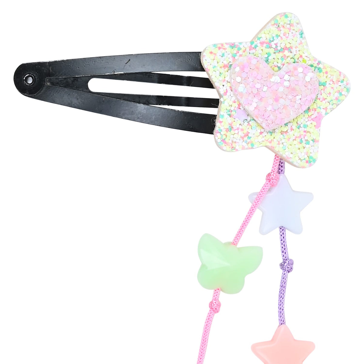 Glitter Star Beaded Tassels Tic Tac Hair Clips - Set of 2 - Pink Purple Green