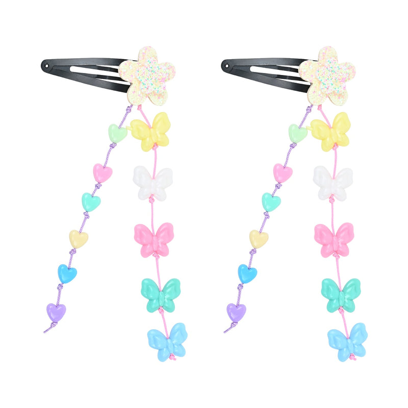 Glitter Star Butterfly Beaded Tassels Tic Tac Hair Clips - Set of 2 - Pink Purple Blue Yellow