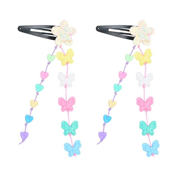 Glitter Star Butterfly Beaded Tassels Tic Tac Hair Clips - Set of 2 - Pink Purple Blue Yellow