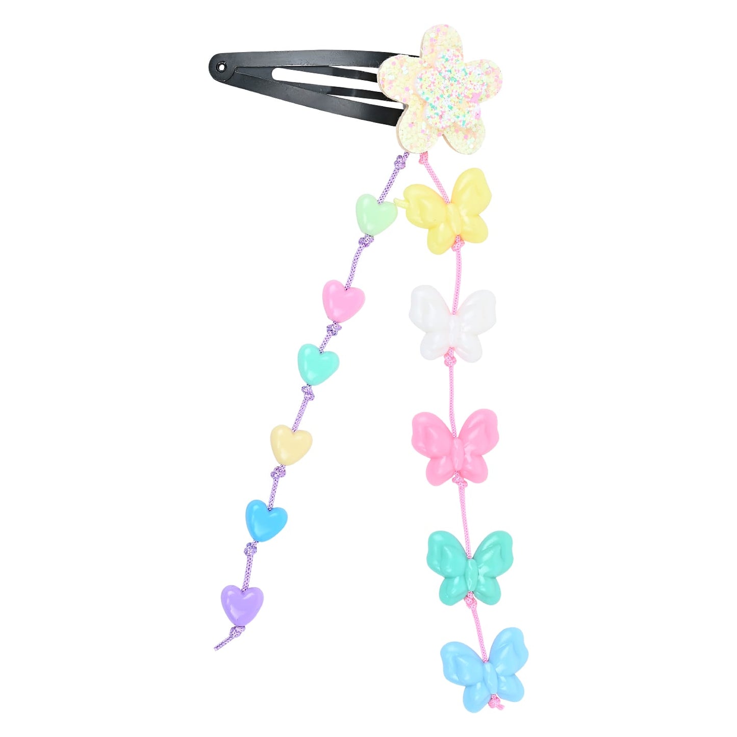 Glitter Star Butterfly Beaded Tassels Tic Tac Hair Clips - Set of 2 - Pink Purple Blue Yellow