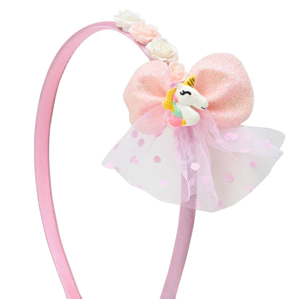 Unicorn Floral Charms Bow Hair Band - Pink