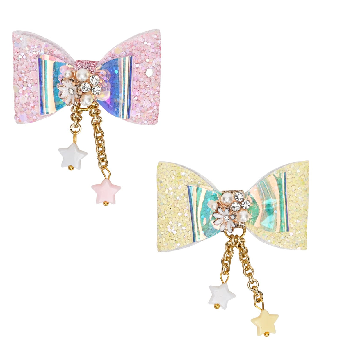 Glitter Bows Floral Charms Hair Clip - Set of 2