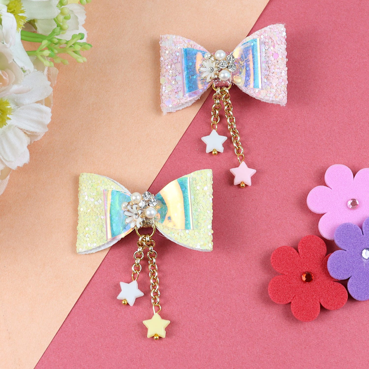 Glitter Bows Floral Charms Hair Clip - Set of 2