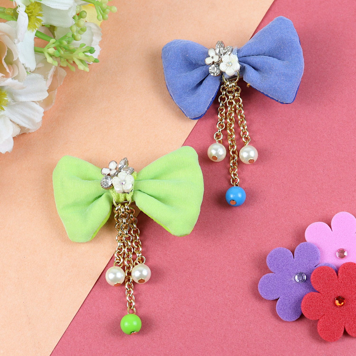 Floral Charm Bow Hair Clips - Set of 2