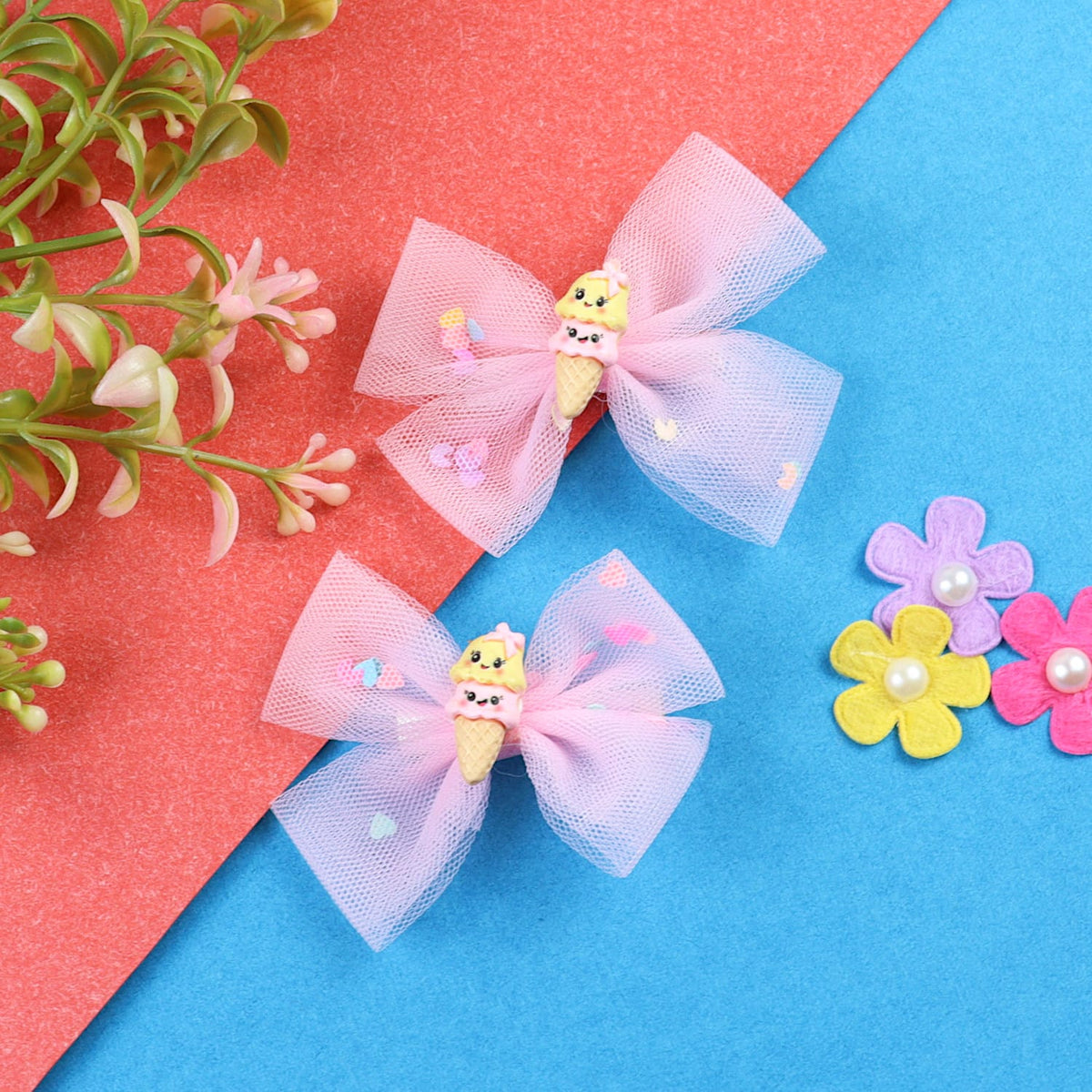Smiling Ice-Cream Charm Set of 2 Bow Hair Clips