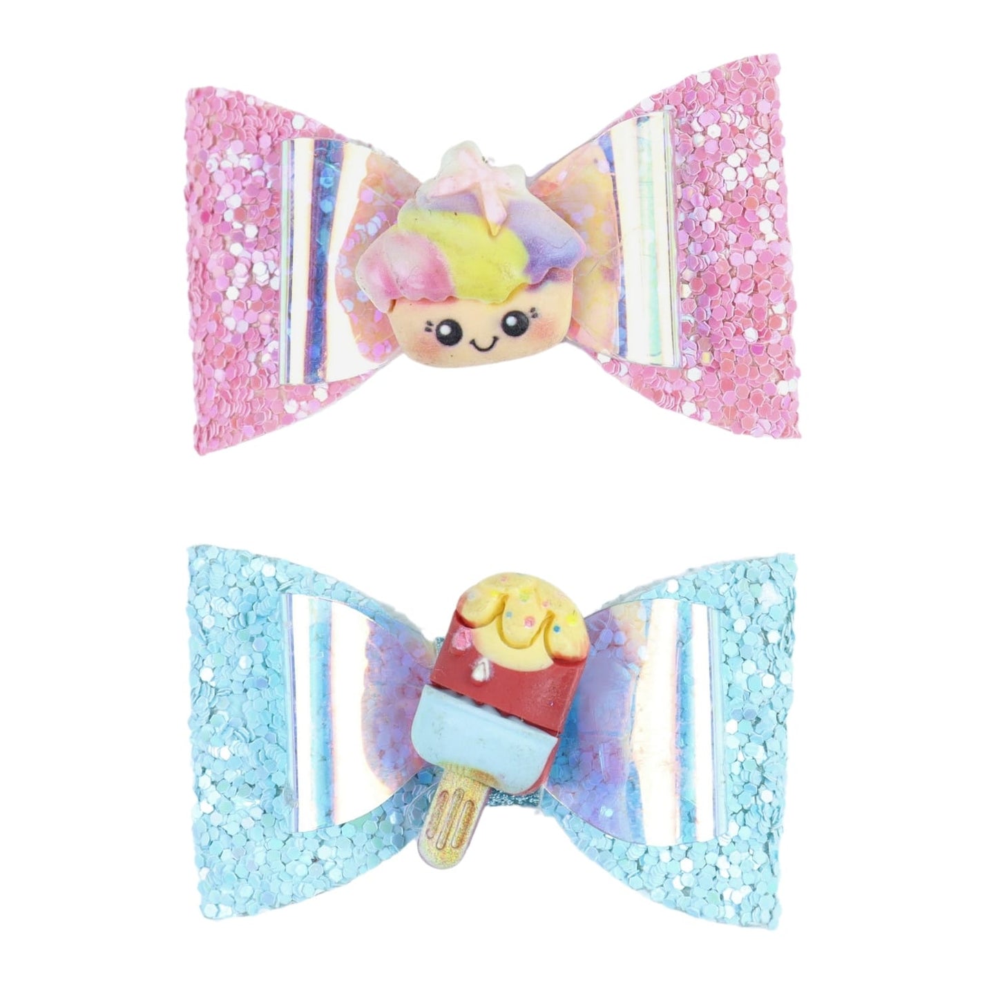 Ice-Cream Smiley Glitter Bow Set of 2 Hair Clips