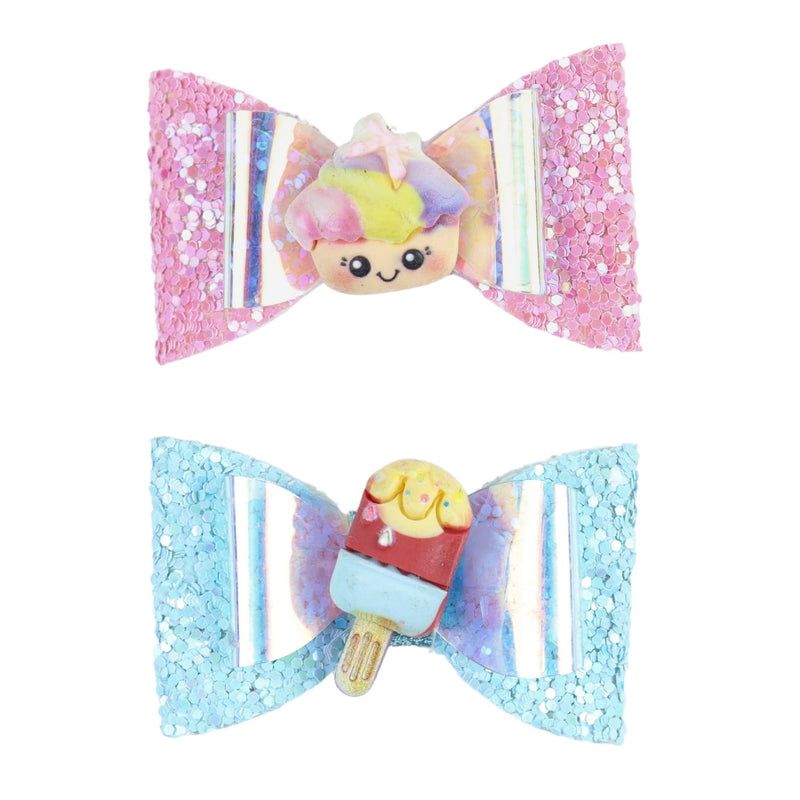 Ice-Cream Smiley Glitter Bow Set of 2 Hair Clips