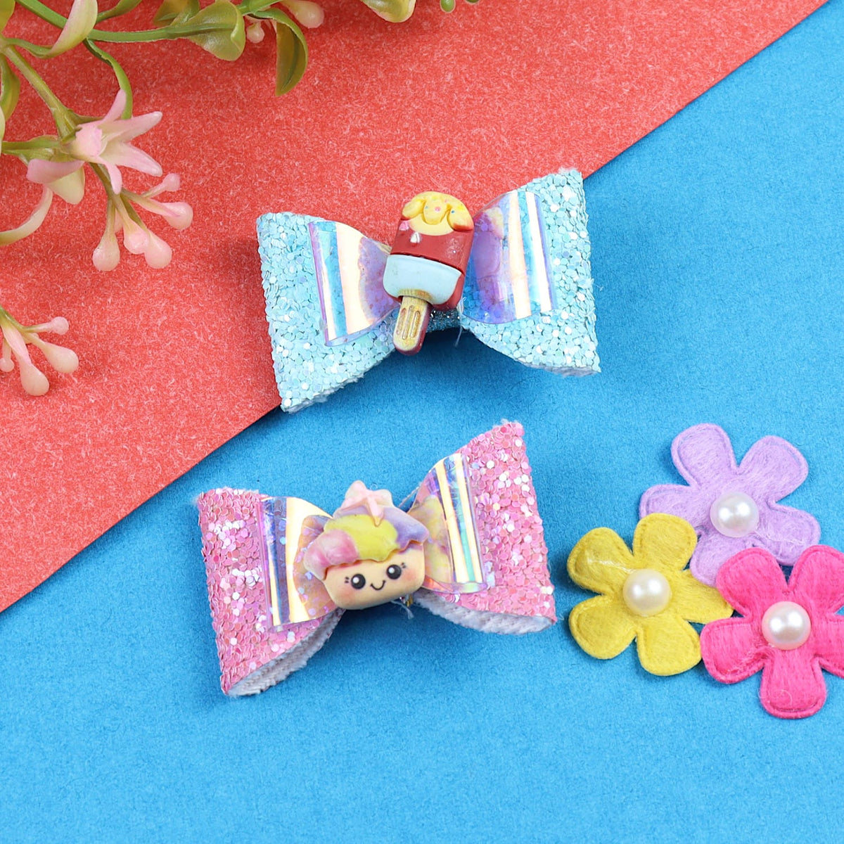 Ice-Cream Smiley Glitter Bow Set of 2 Hair Clips