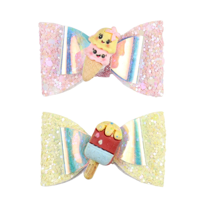 Ice-Cream Unicorn Glitter Bow Set of 2 Hair Clips