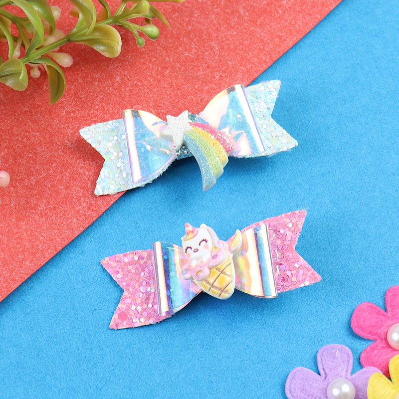 Rainbow Unicorn Glitter Bow Set of 2 Hair Clips