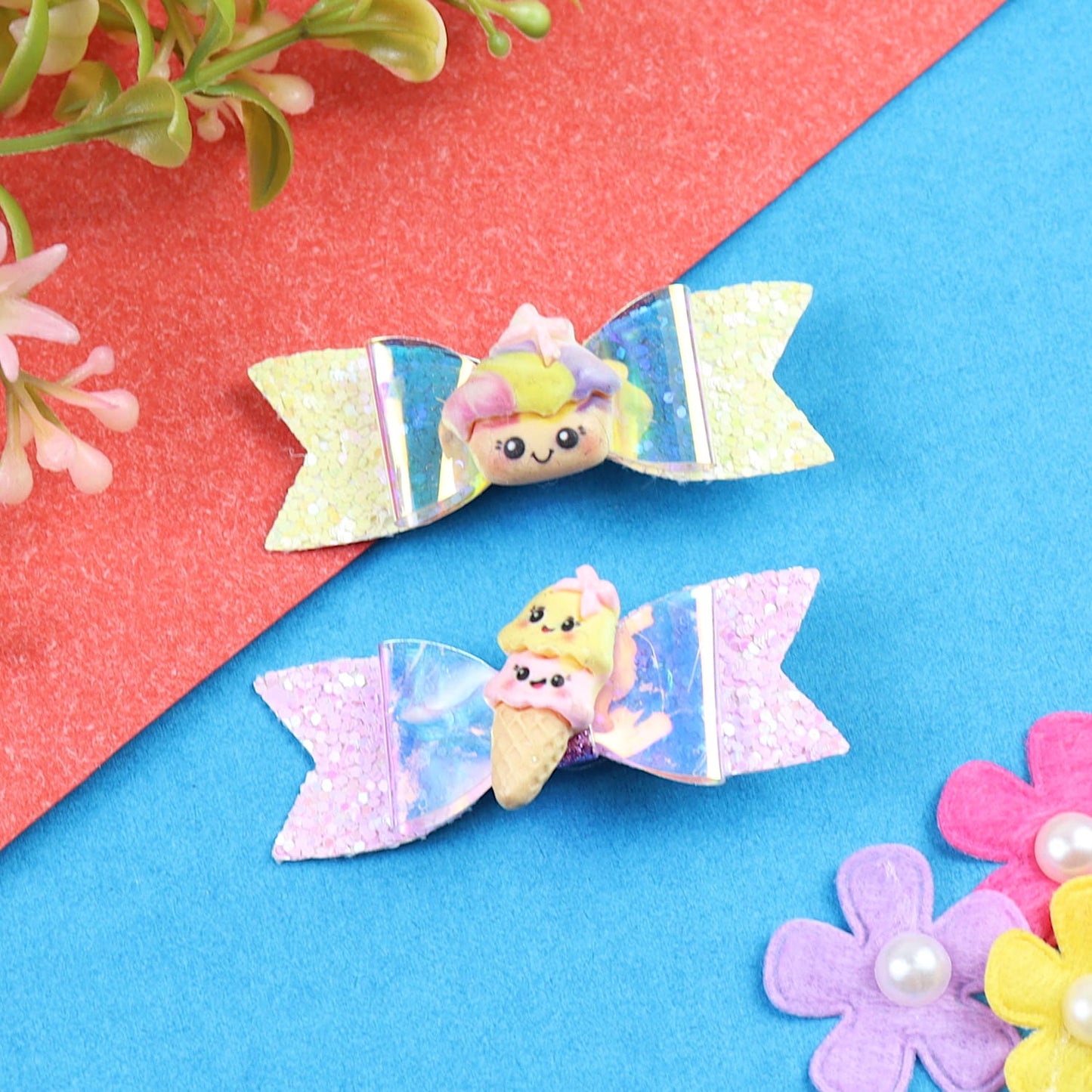 Unicorn Smiley Glitter Bow Set of 2 Hair Clips