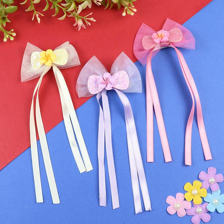 Set of 3 Floral Charm Fabric Bow Hair Clips  Trendy Girls Hair Accessory for Rakhi & Gifting