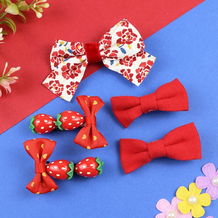 Set of 5 Fabric Resin Bow Hair Clips  Trendy Girls Hair Accessory for Rakhi & Gifting
