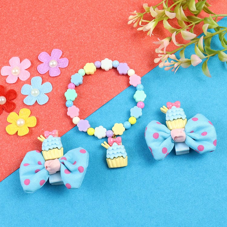 Set of 2 Cupcake Hair Clips with Beaded Bracelet Combo – Cute & Trendy Jewellery for Girls | Asthetika India