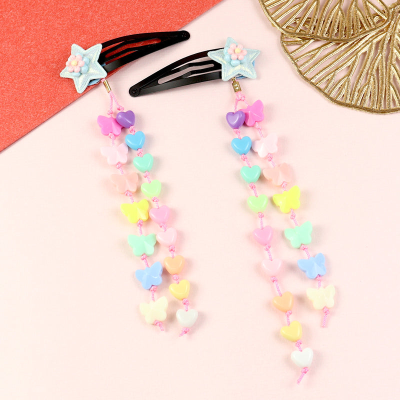 Resin charm beaded tassel hair clip duo, laid flat