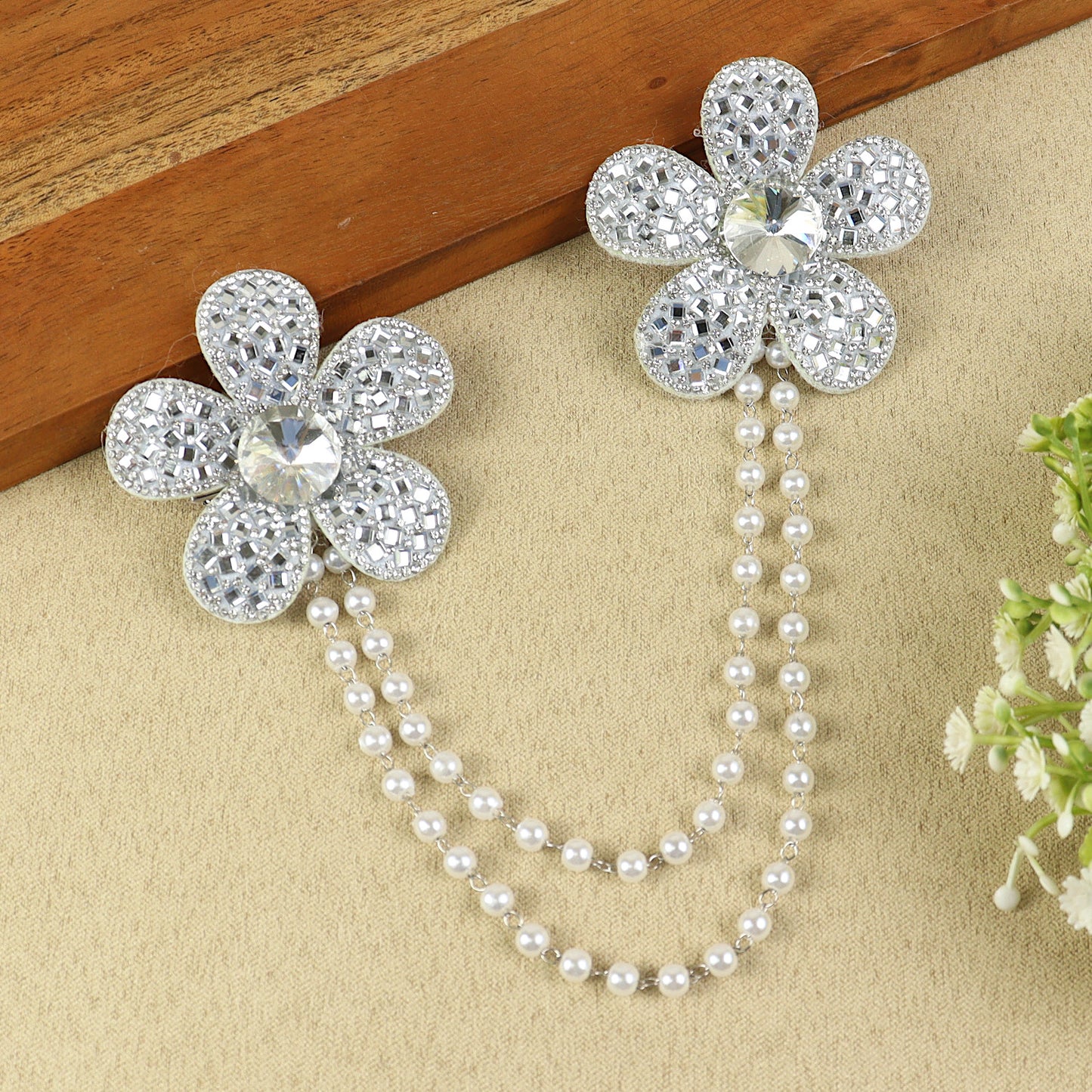 Silver Crystal Studded Beaded Hair Clip, laid flat