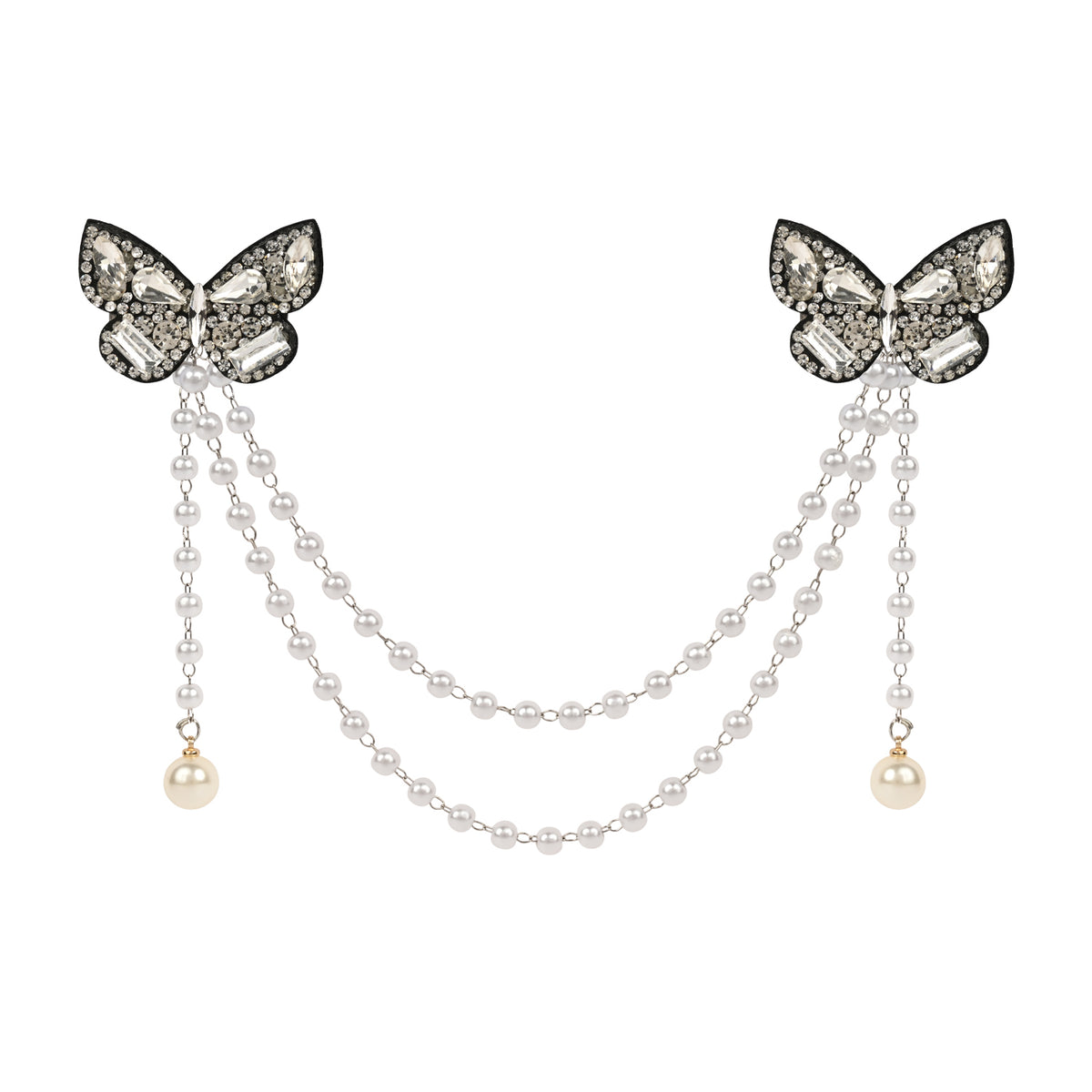 Black and Silver Crystal Studded Butterfly Beaded Hair Clip worn in hair, showing the crystal beadwork on the butterfly