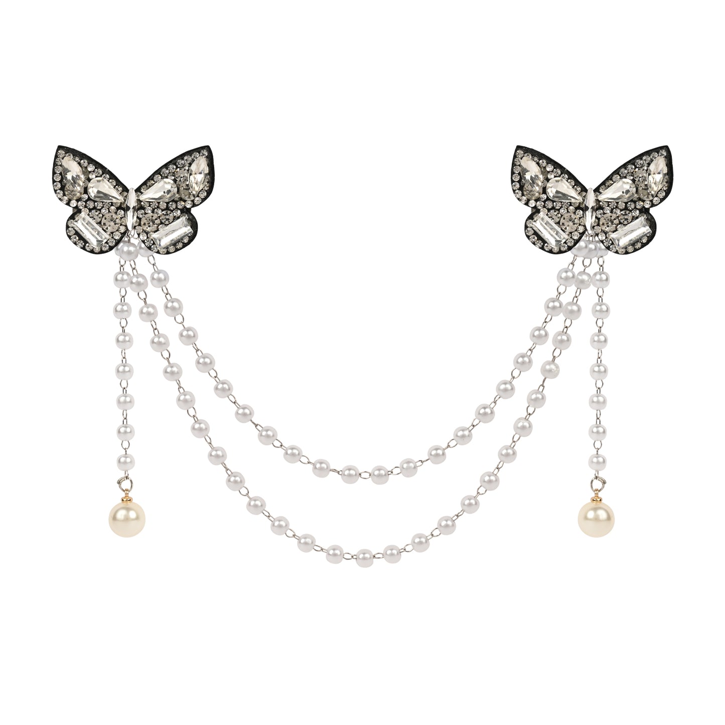 Black and Silver Crystal Studded Butterfly Beaded Hair Clip worn in hair, showing the crystal beadwork on the butterfly