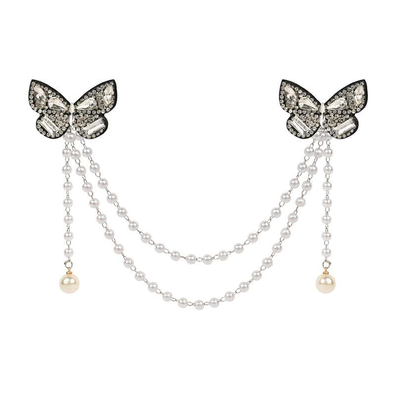 Black and Silver Crystal Studded Butterfly Beaded Hair Clip worn in hair, showing the crystal beadwork on the butterfly