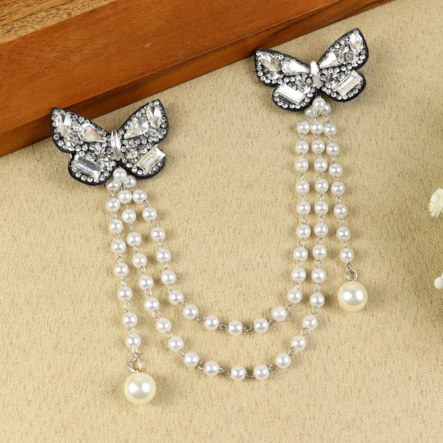 Black and Silver Crystal Studded Butterfly Beaded Hair Clip, laid flat