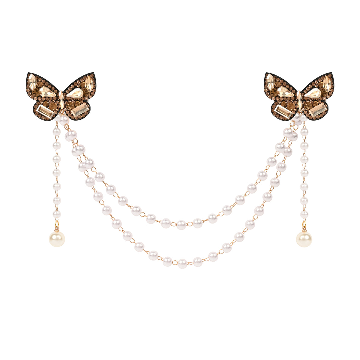 Gold Crystal Studded Butterfly Beaded Hair Clip worn in hair, showing the crystal beadwork on the butterfly