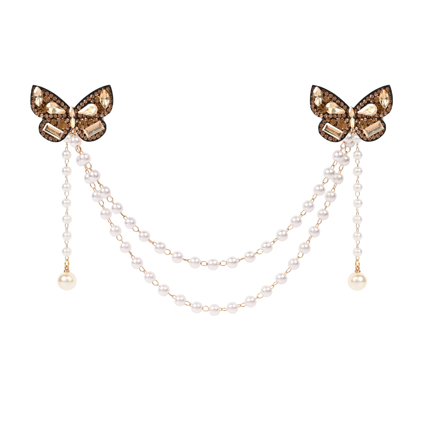 Gold Crystal Studded Butterfly Beaded Hair Clip worn in hair, showing the crystal beadwork on the butterfly