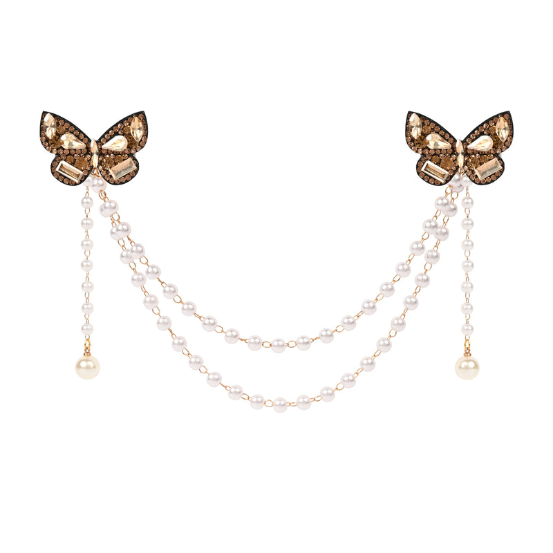 Gold Crystal Studded Butterfly Beaded Hair Clip worn in hair, showing the crystal beadwork on the butterfly