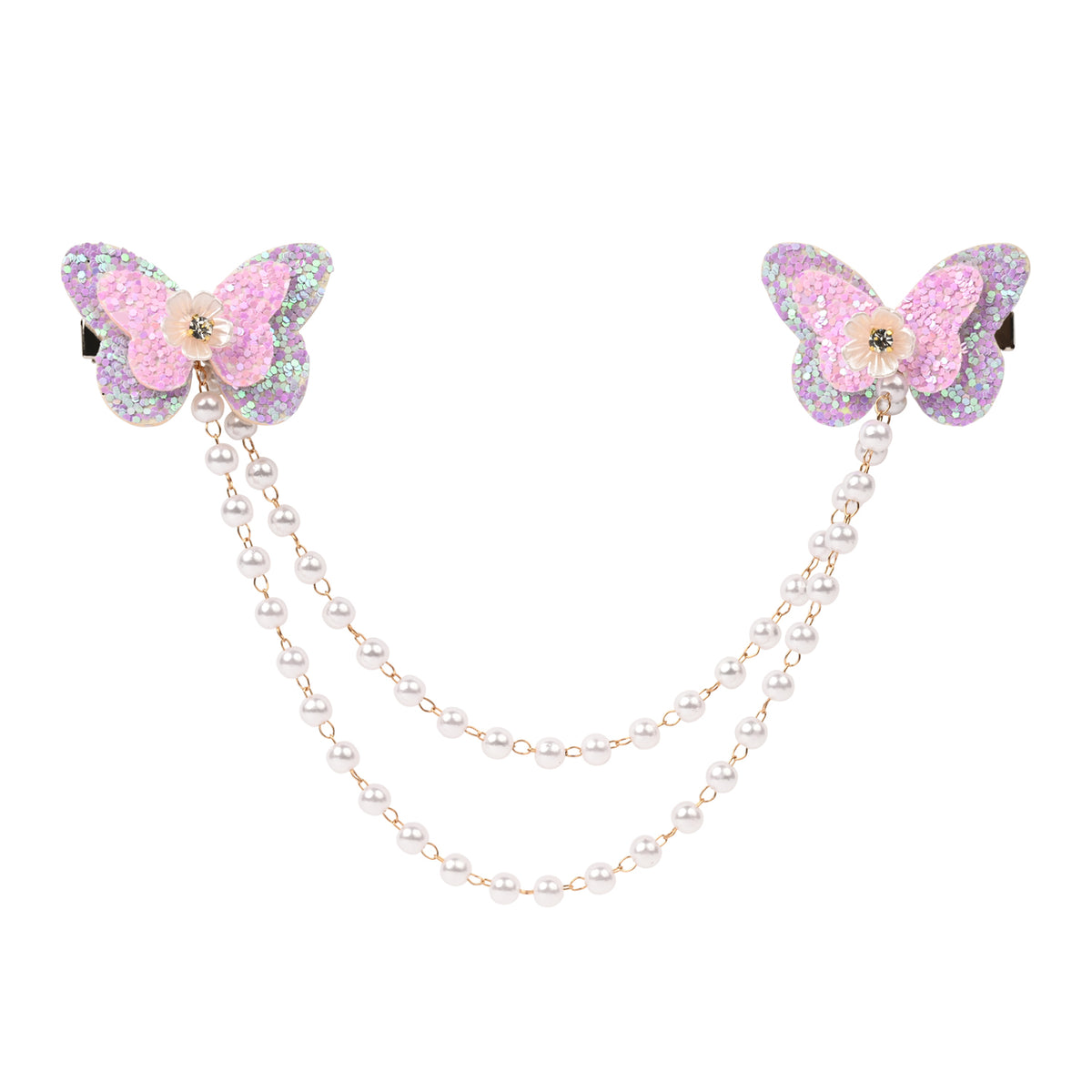 Pink Butterfly Glitter Hair Clip worn in hair, showing the glitter finish on the butterfly