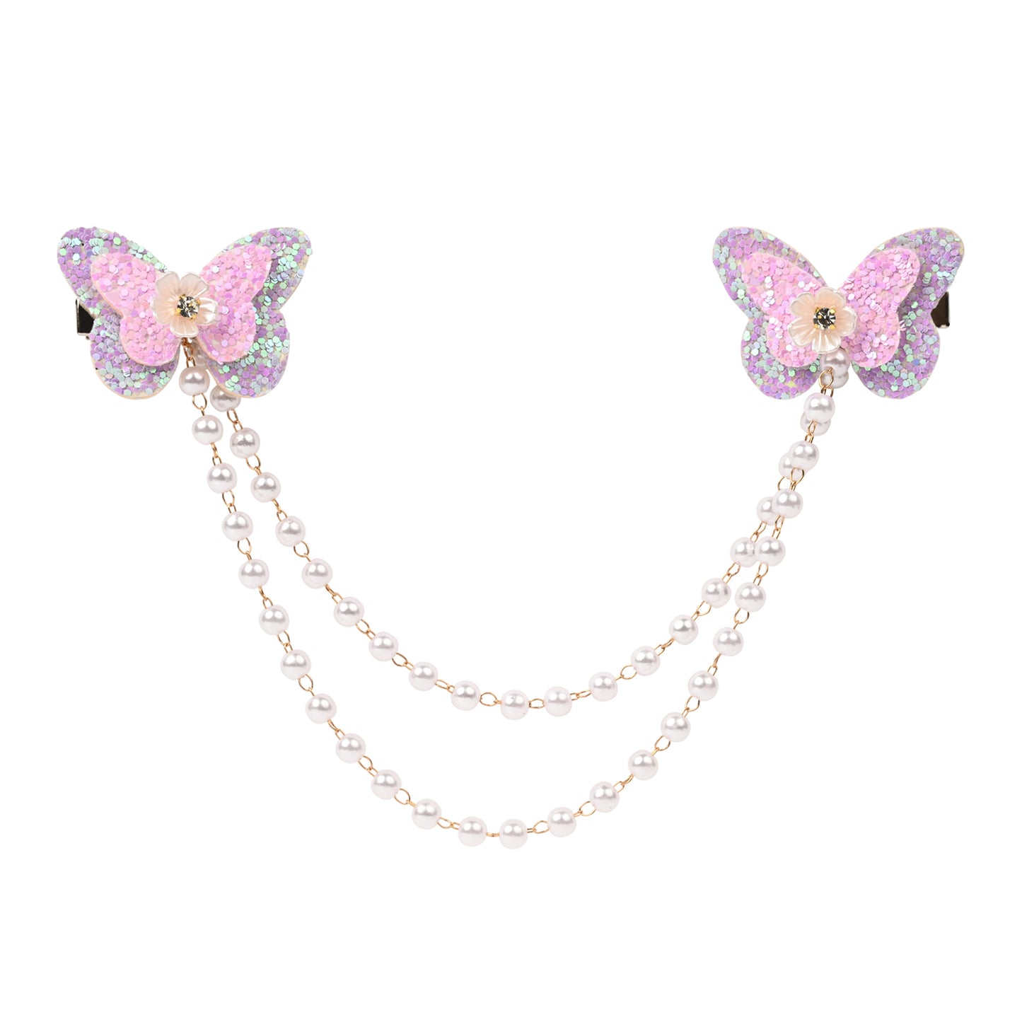 Pink Butterfly Glitter Hair Clip worn in hair, showing the glitter finish on the butterfly