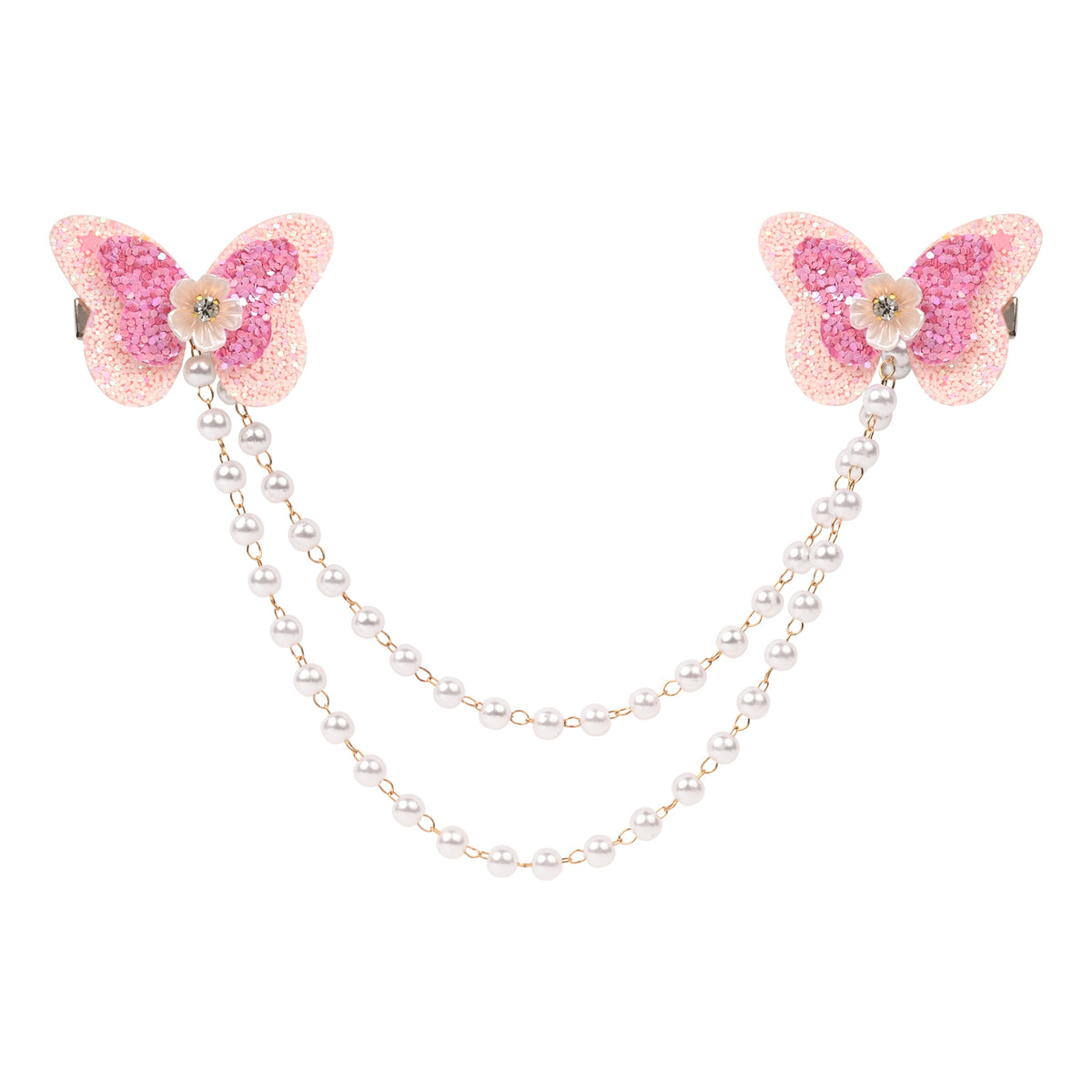 Pink Butterfly Glitter Hair Clip worn in hair, showing the glitter finish on the butterfly