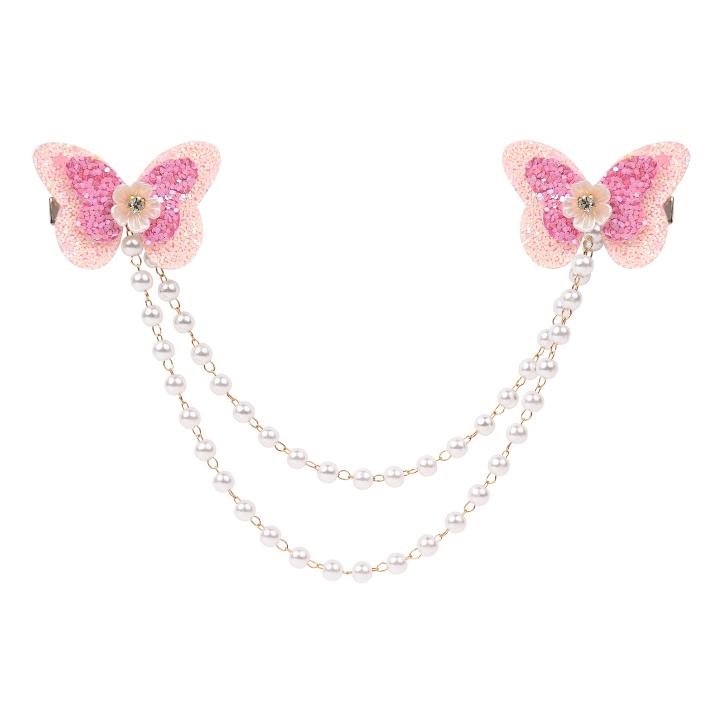 Pink Butterfly Glitter Hair Clip worn in hair, showing the glitter finish on the butterfly