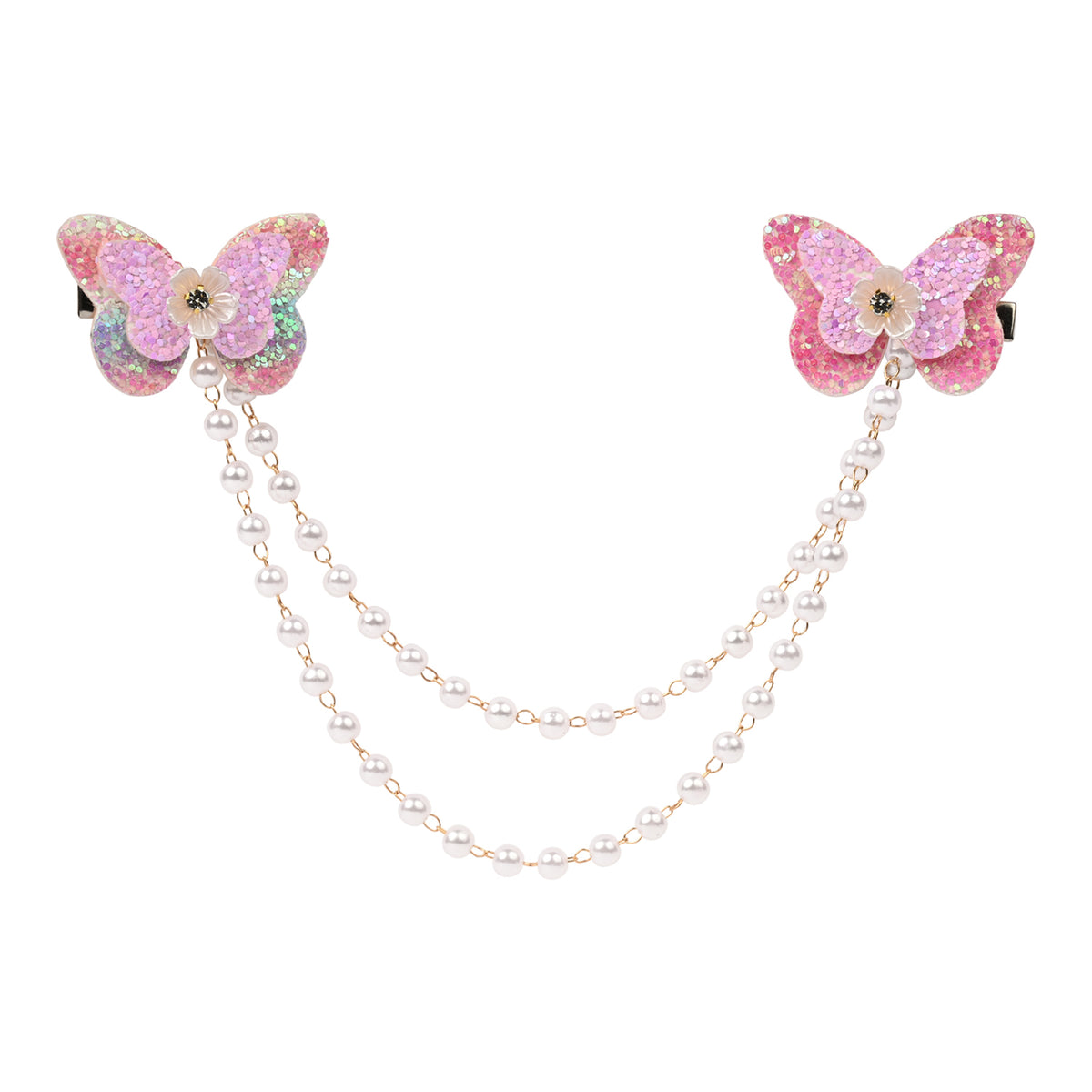 Pink Butterfly Glitter Hair Clip worn in hair, showing the glitter finish on the butterfly