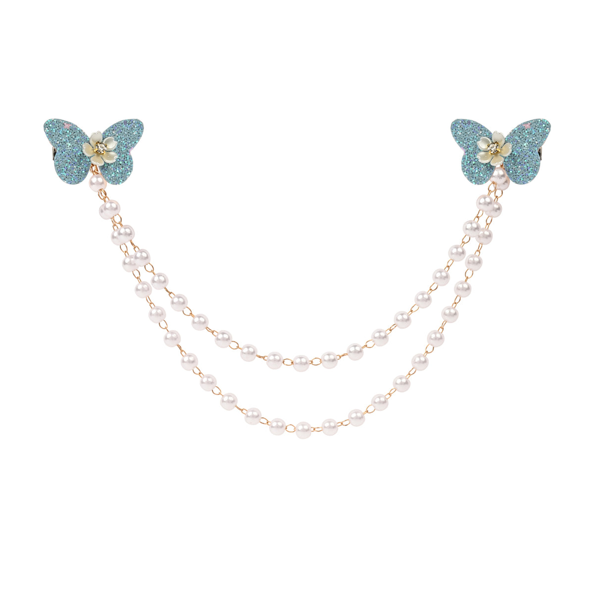 Blue Butterfly Glitter Hair Clip worn in hair, showing the glitter finish on the butterfly