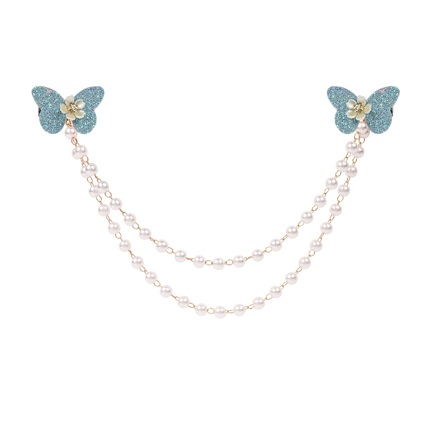 Blue Butterfly Glitter Hair Clip worn in hair, showing the glitter finish on the butterfly