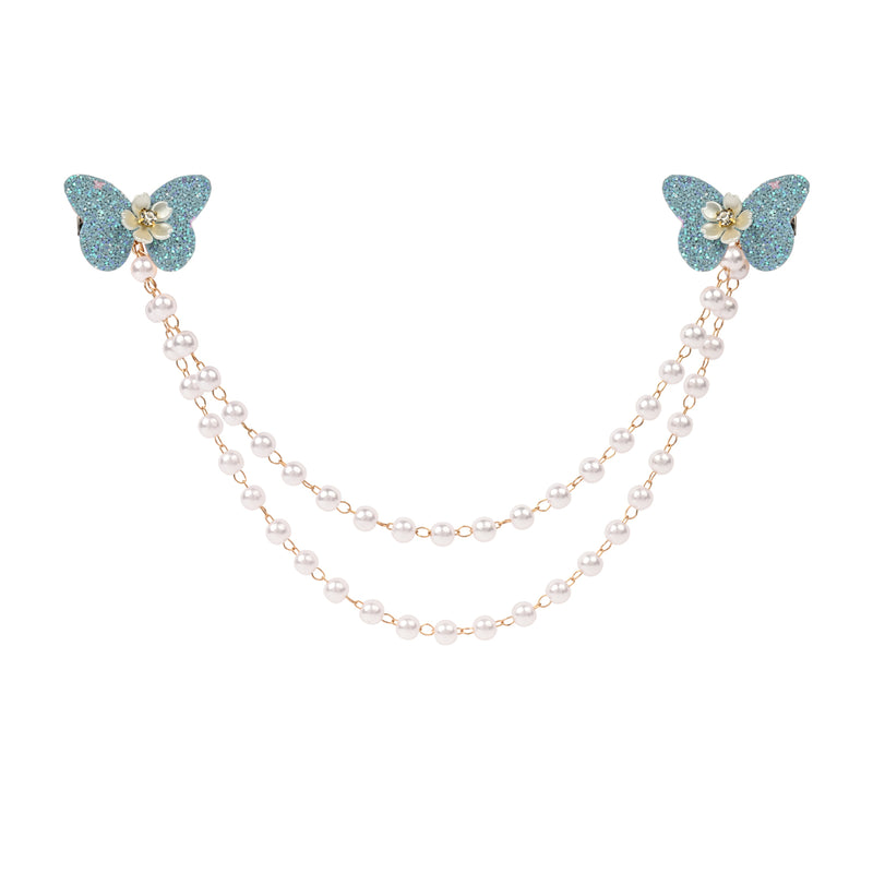 Blue Butterfly Glitter Hair Clip worn in hair, showing the glitter finish on the butterfly