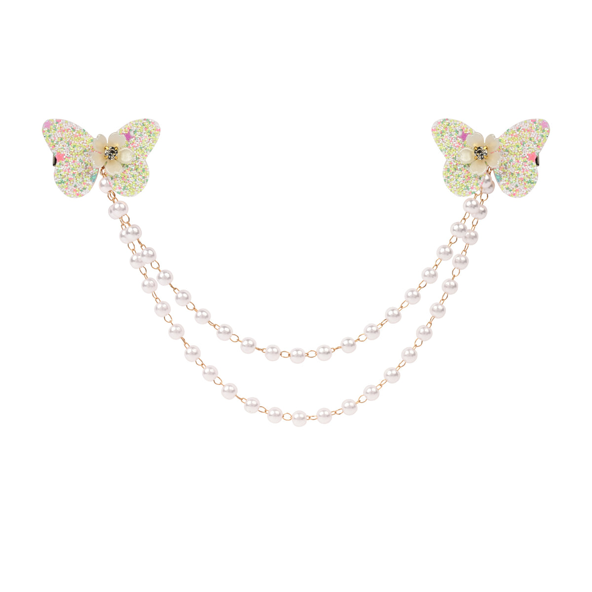 White Butterfly Glitter Hair Clip worn in hair, showing the glitter finish on the butterfly