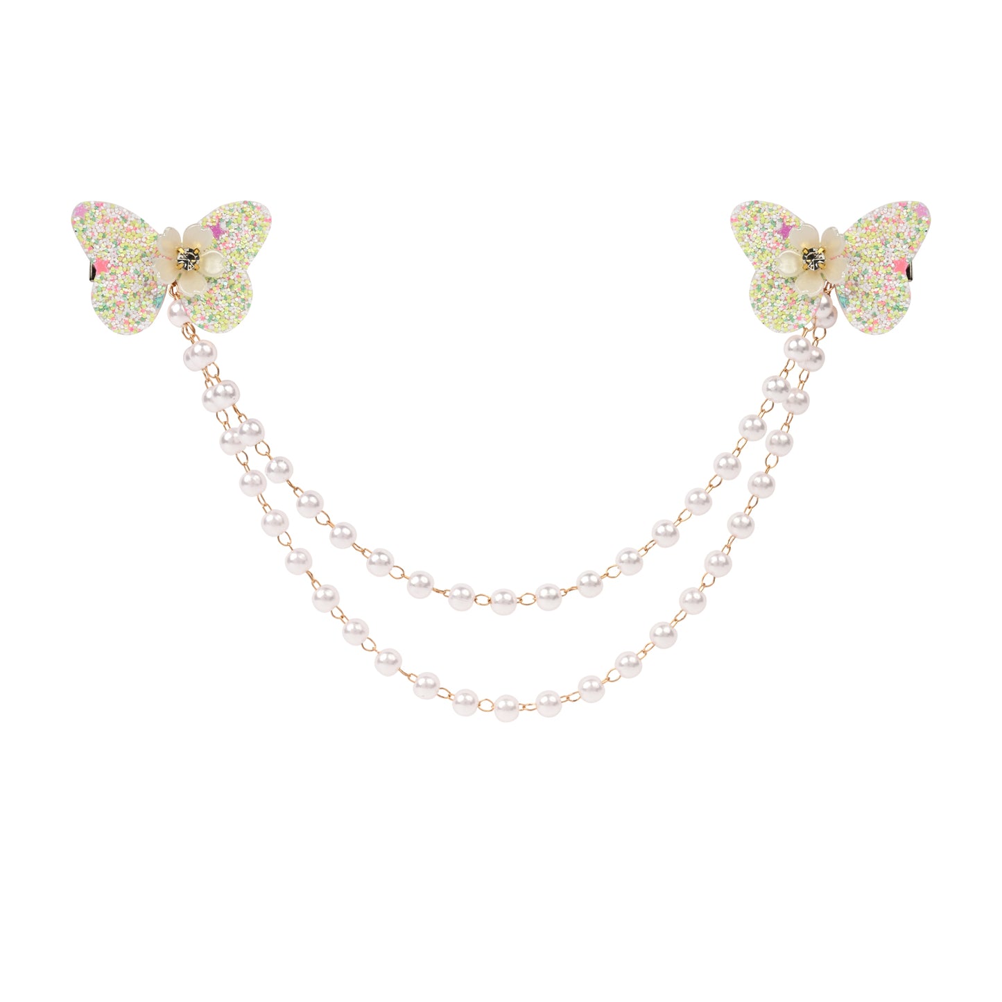 White Butterfly Glitter Hair Clip worn in hair, showing the glitter finish on the butterfly