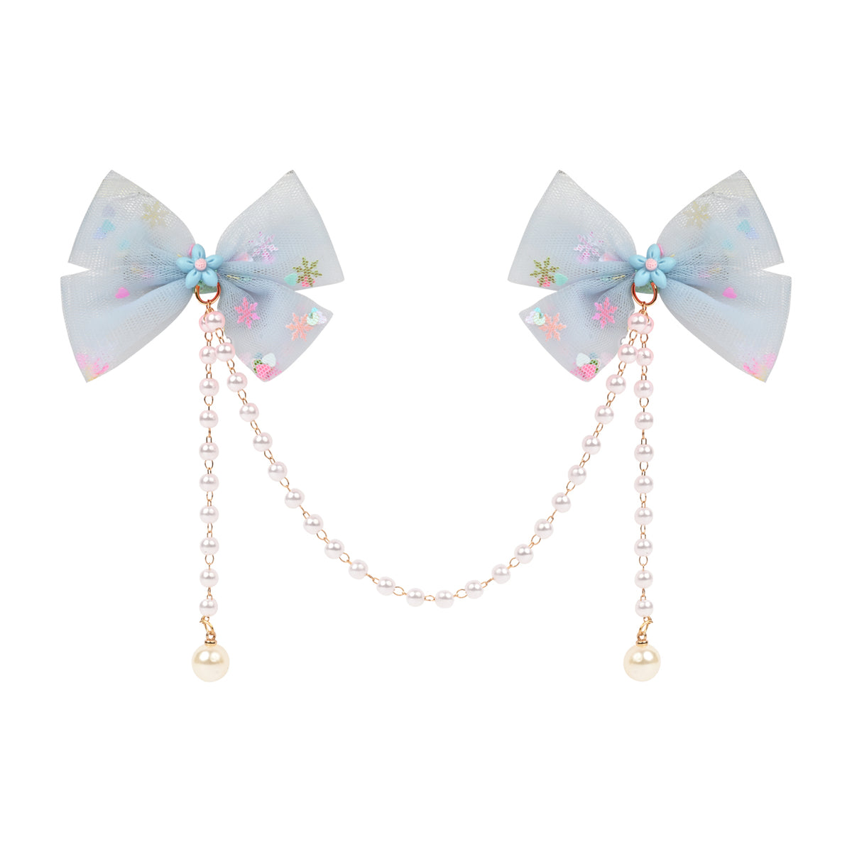 Blue Bow Tassels Hair Clip worn in hair, showing the tassel drop