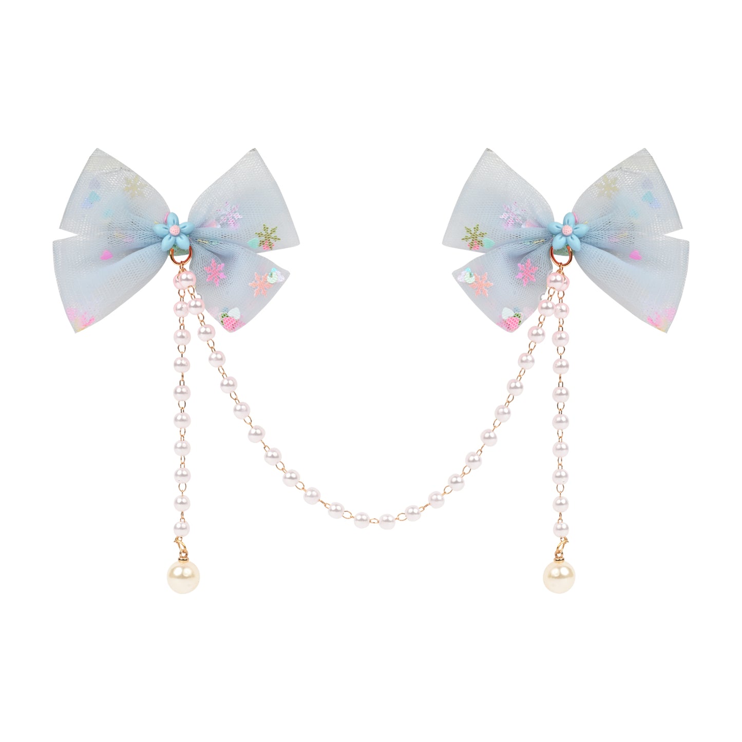 Blue Bow Tassels Hair Clip worn in hair, showing the tassel drop