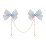 Blue Bow Tassels Hair Clip worn in hair, showing the tassel drop