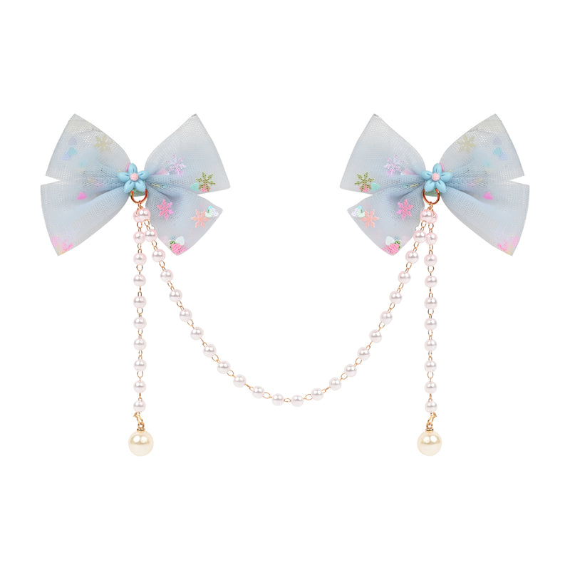 Blue Bow Tassels Hair Clip worn in hair, showing the tassel drop